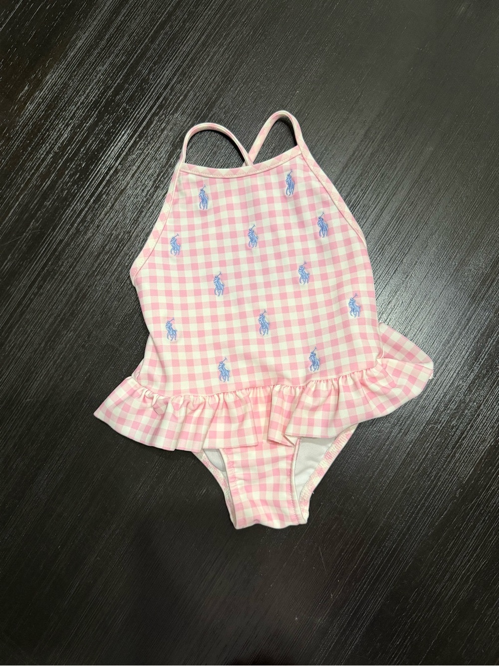 Ralph Lauren Pink Gingham One-Piece Swimsuit with Blue Pony Embroidery